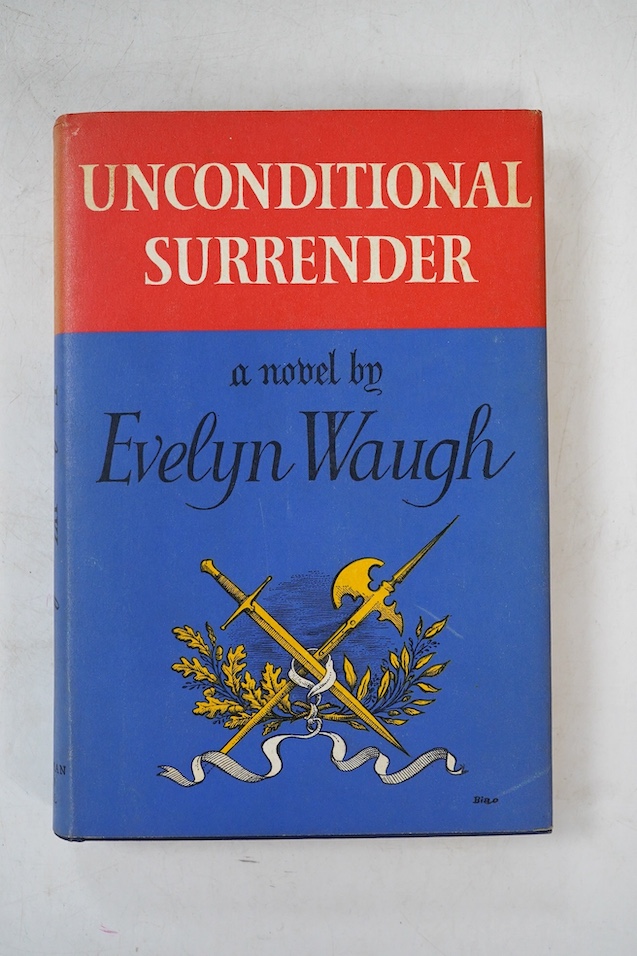 Waugh, Evelyn - Unconditional Surrender, 1st edition, with inserted Season’s Greetings card, ink inscribed - ‘’Dede, with the love and good wishes of the author’’, 8vo, blue cloth with gilt lettering, in an unclipped d/j